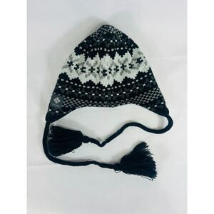 Columbia One Size Black White PFG Beanie Knit Snow Hat Criss Cross Tie Gorpcore